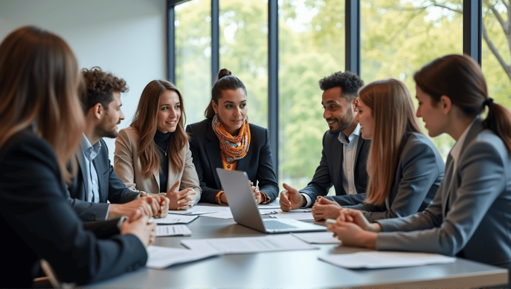 Group of professionals collaborating at a conference table, discussing skills and ideas.