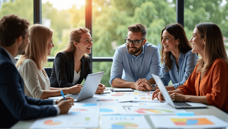 Professionals collaborating in a modern office, sharing ideas around a table filled with charts.