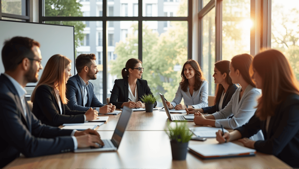 Professionals collaborating in a leadership development workshop in a modern conference room.