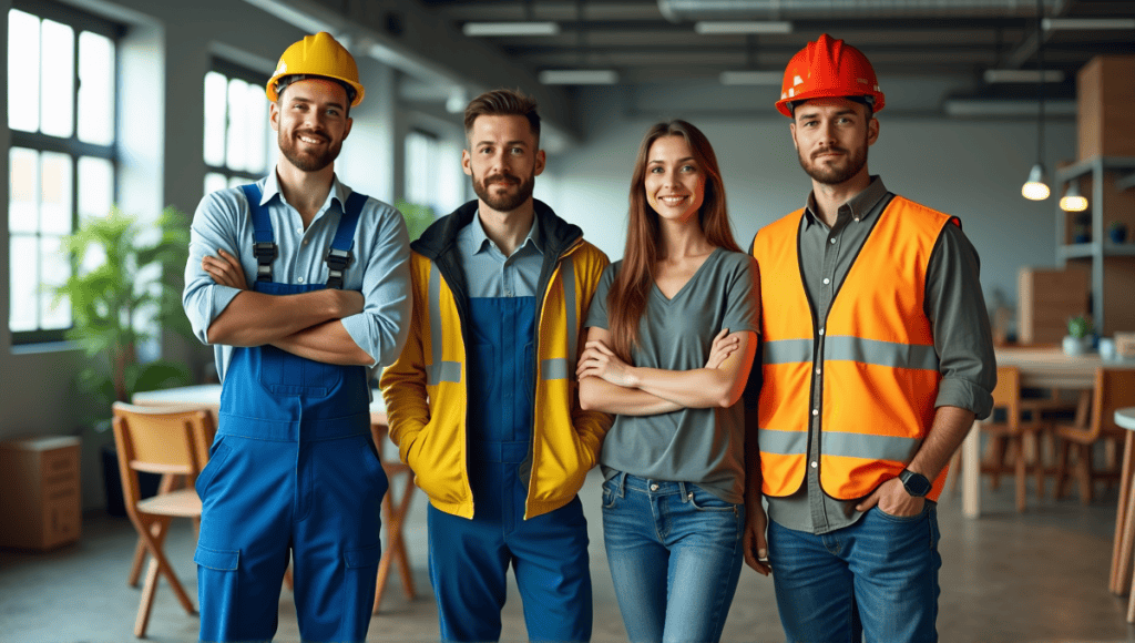 Diverse professionals from various industries collaborating in a bright workspace with unique attire.