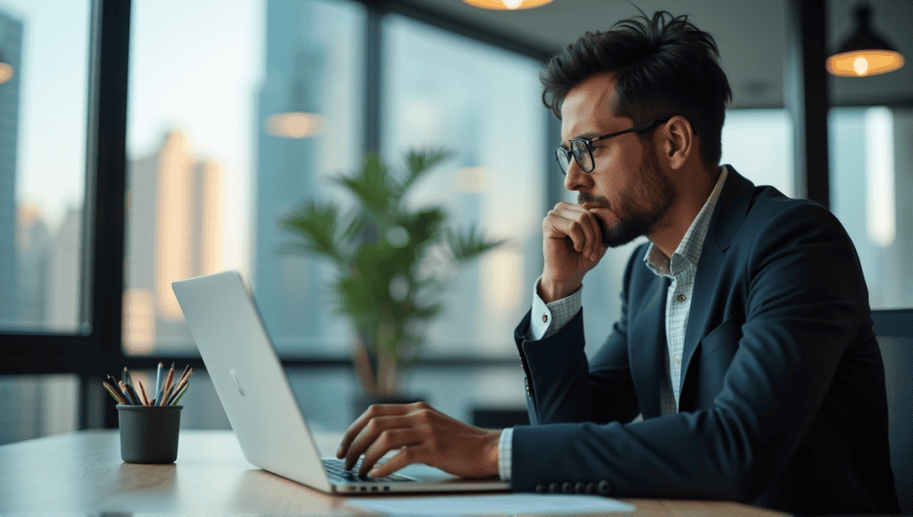 Product owner in smart casual attire, focused on laptop in a modern office setting.