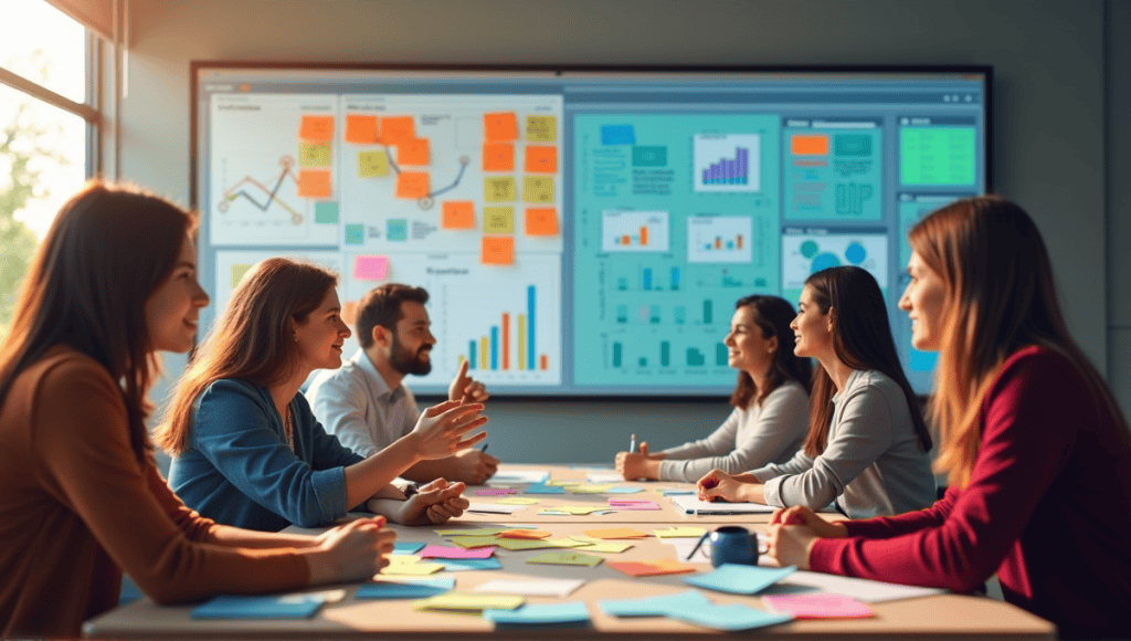 Classroom and business meeting scene depicting divergent and convergent thinking, showcasing collaboration and analysis.