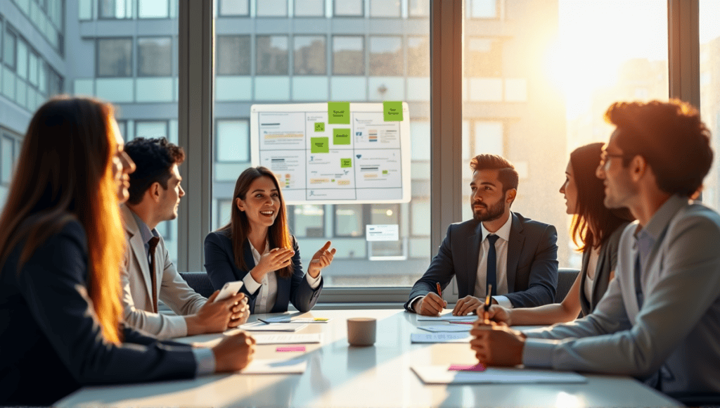 Team of professionals discussing Lean principles at a modern conference table with tools.