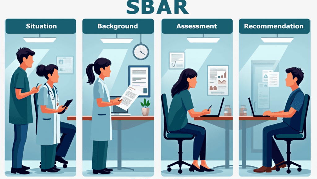 Four panels labeled Situation, Background, Assessment, and Recommendation with corresponding symbolic elements.