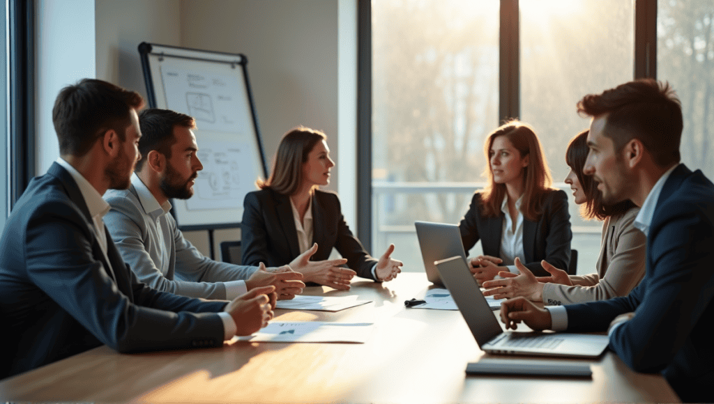 Diverse professionals in smart casual attire engaged in a dynamic business meeting.