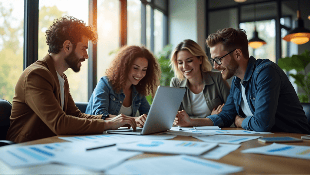 Diverse team of professionals collaborating over a laptop, surrounded by documents and charts.