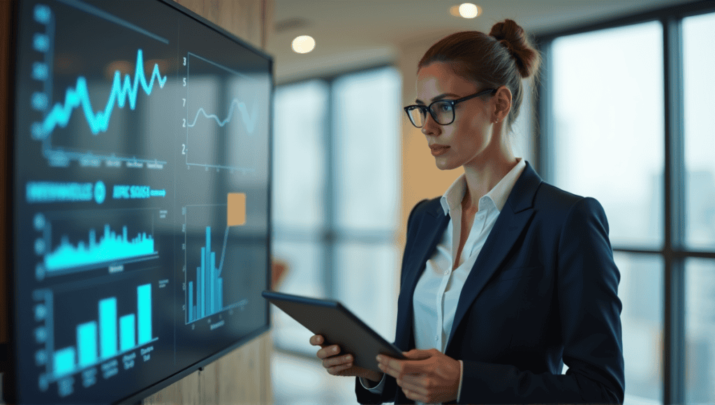 Program manager in a tailored blazer holding a tablet in a modern office setting.