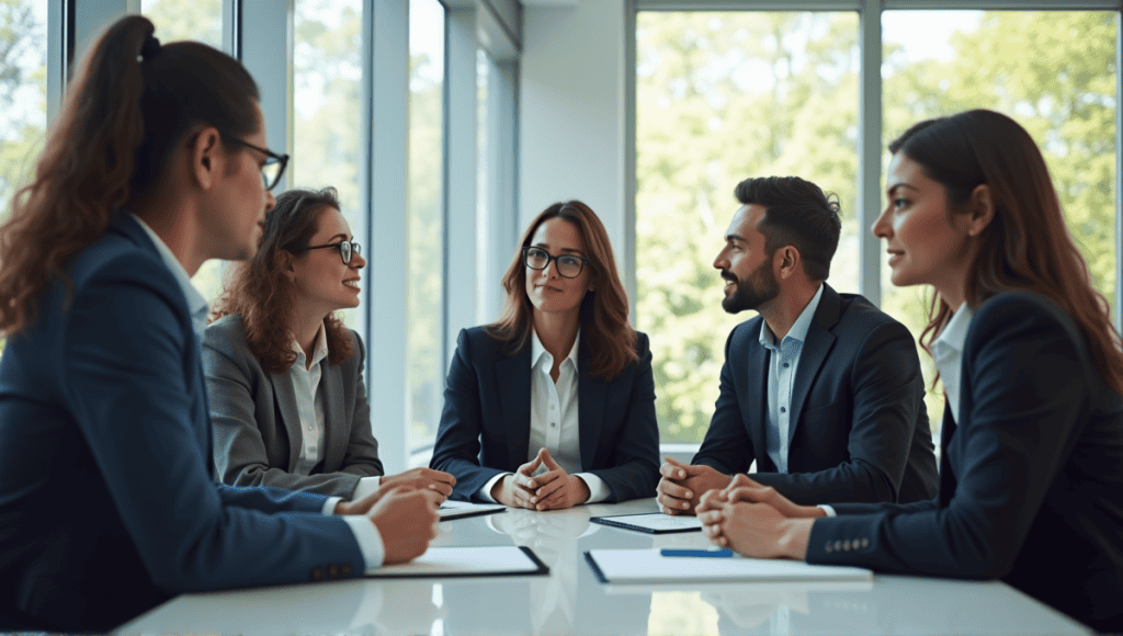 Diverse professionals discussing Lean and Six Sigma in a modern conference room setting.