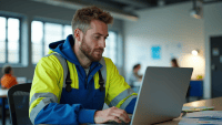 Engineer in blue overalls reviewing release management processes on a laptop in an office.