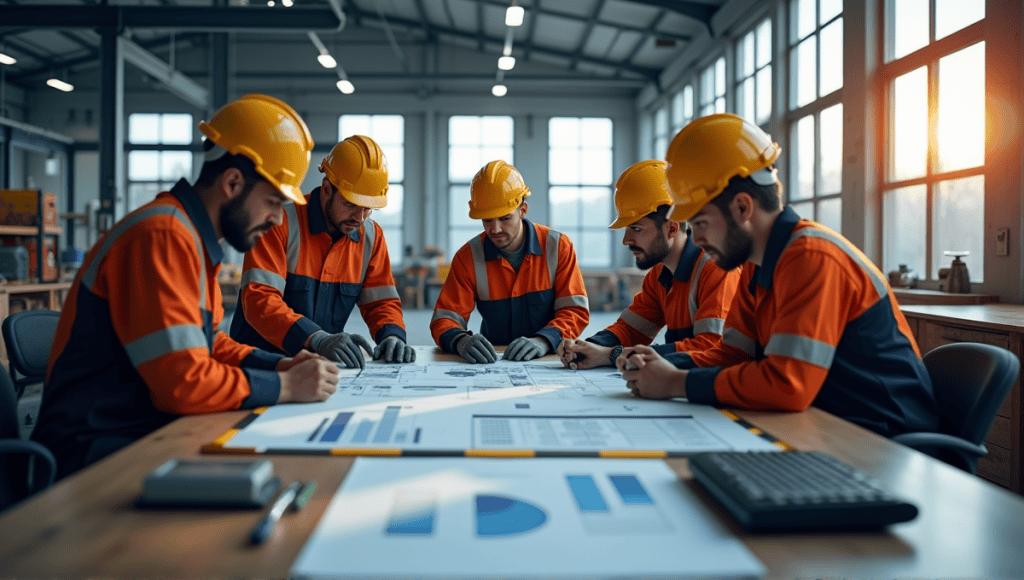 Engineers collaborating over blueprints in an industrial workspace, highlighting Lean methodology principles.