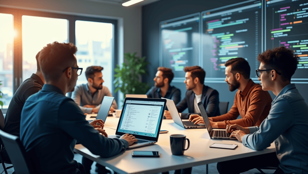 Diverse engineers collaborating in a modern software development workspace with laptops and charts.