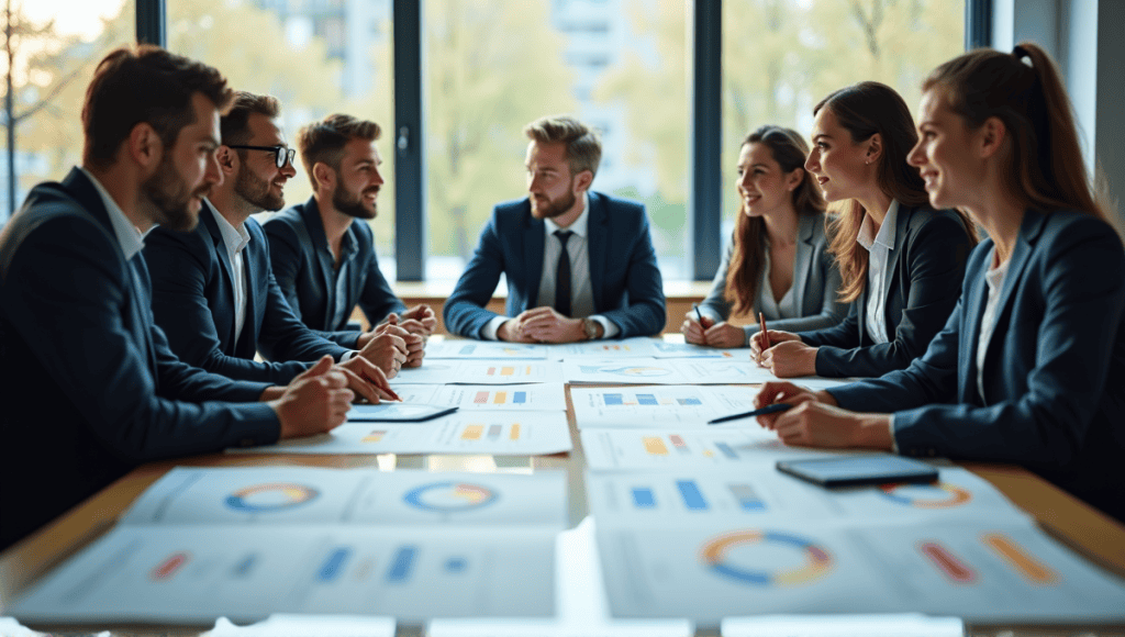 Diverse professionals collaborating at a table with risk matrices and charts in a modern office.