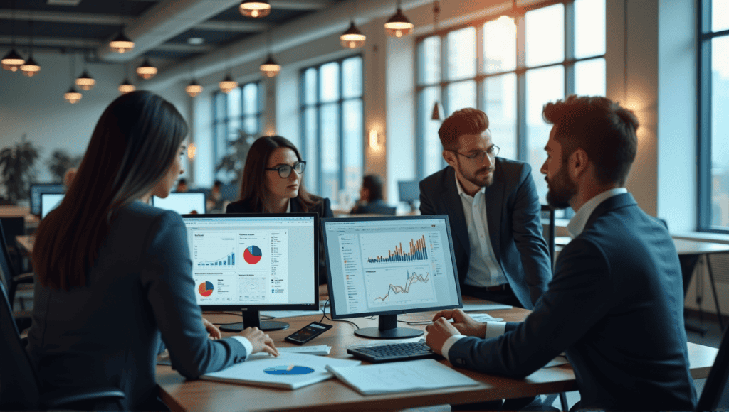 professionals analyzing workload metrics in a modern office with digital screens.