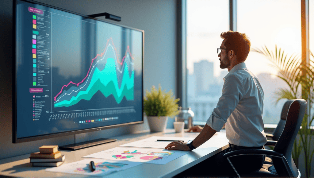 Data analyst in modern office, engaged with large digital presentation and colorful line plot.