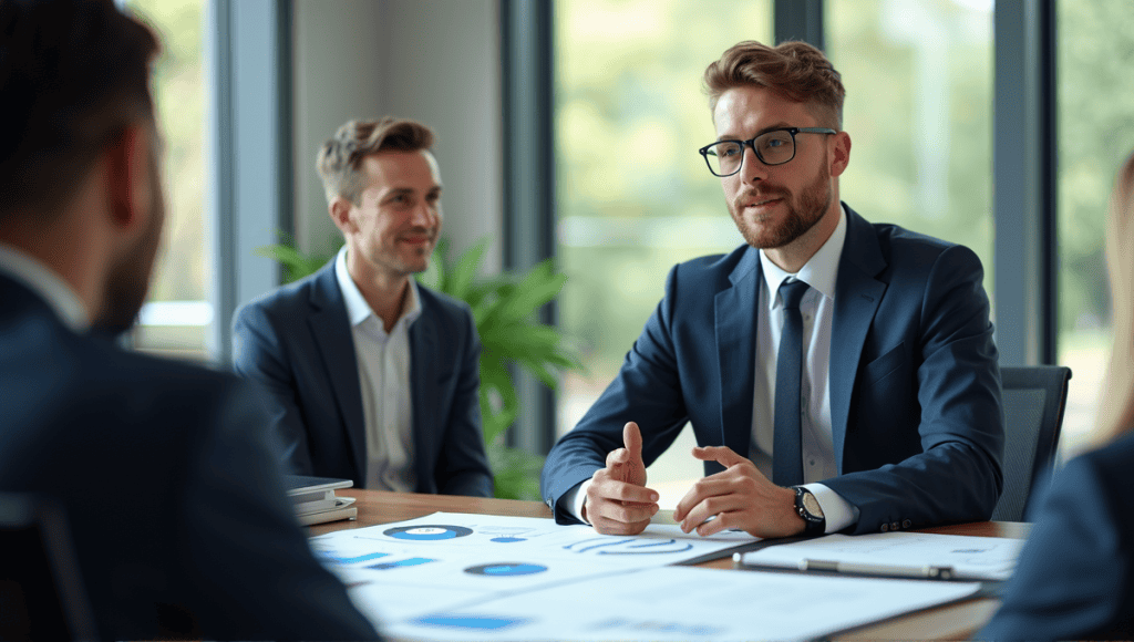 Program manager in tailored suit discussing projects amidst charts in modern office setting.