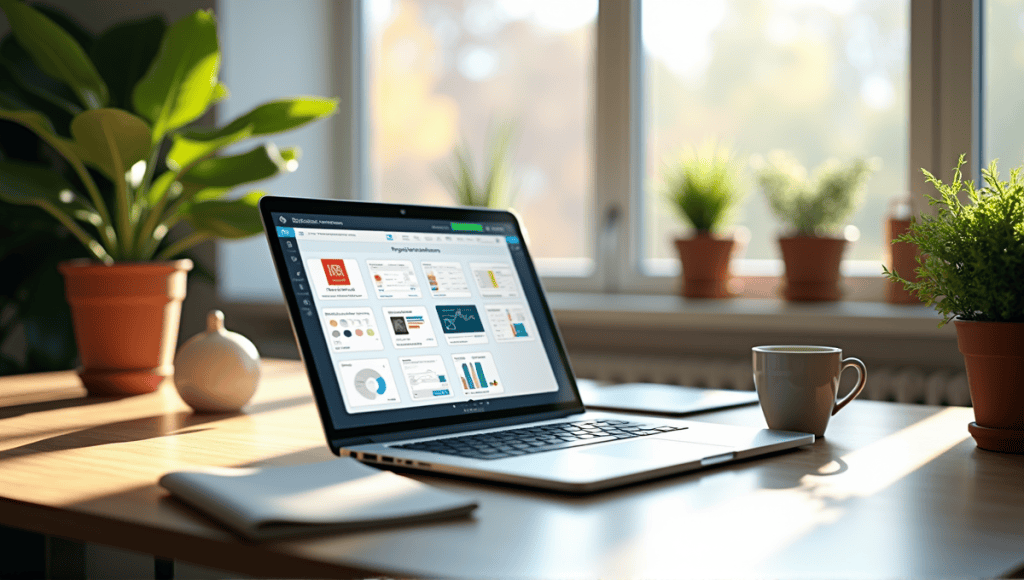 Modern workspace with laptop displaying project management software, notepad, plants, and coffee.