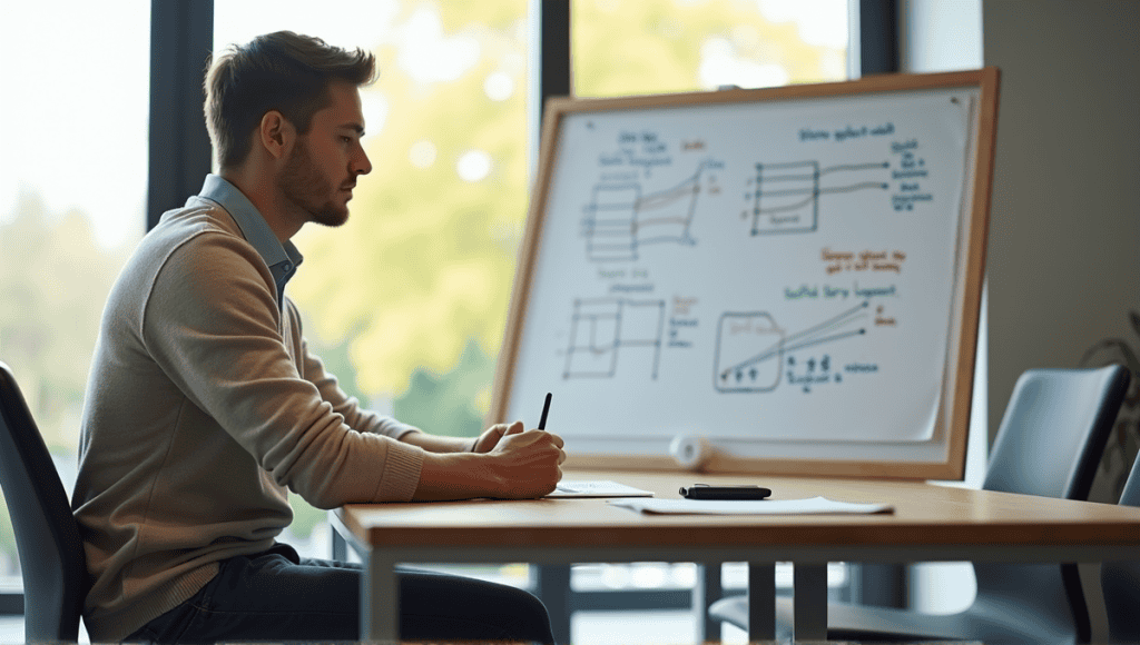 Person discussing story point scales at a conference table with diagrams on a whiteboard.