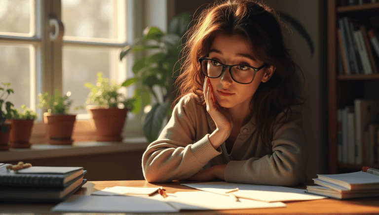 Contemplative individual at cozy desk surrounded by papers, notebooks, and sunlight filtering through window.