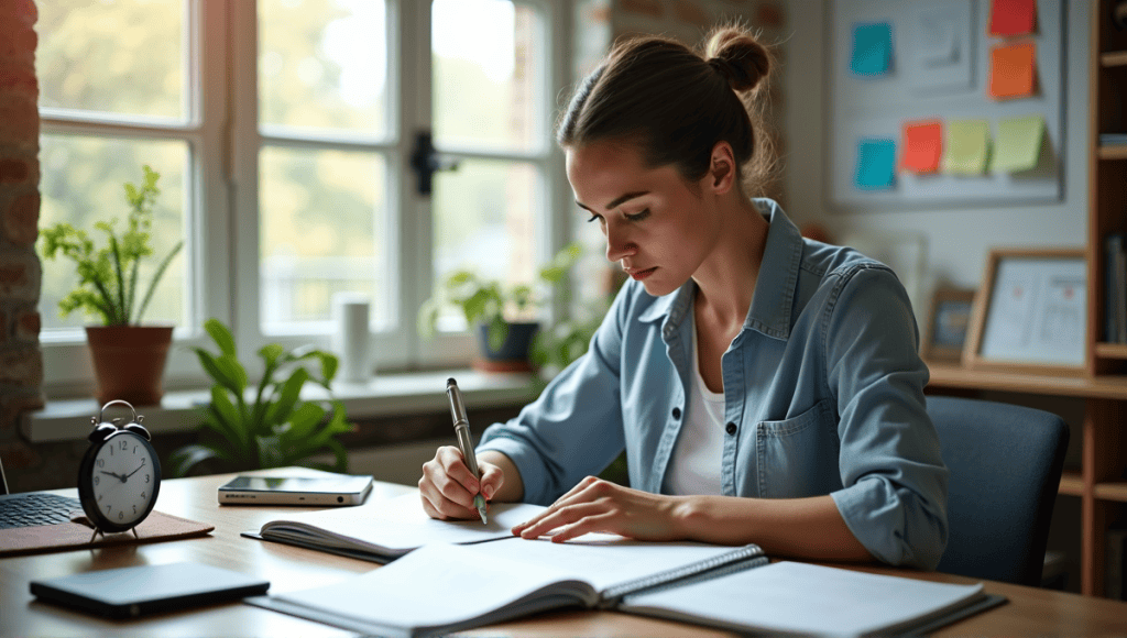 Focused individual in casual business attire working at an organized desk with planners and devices.