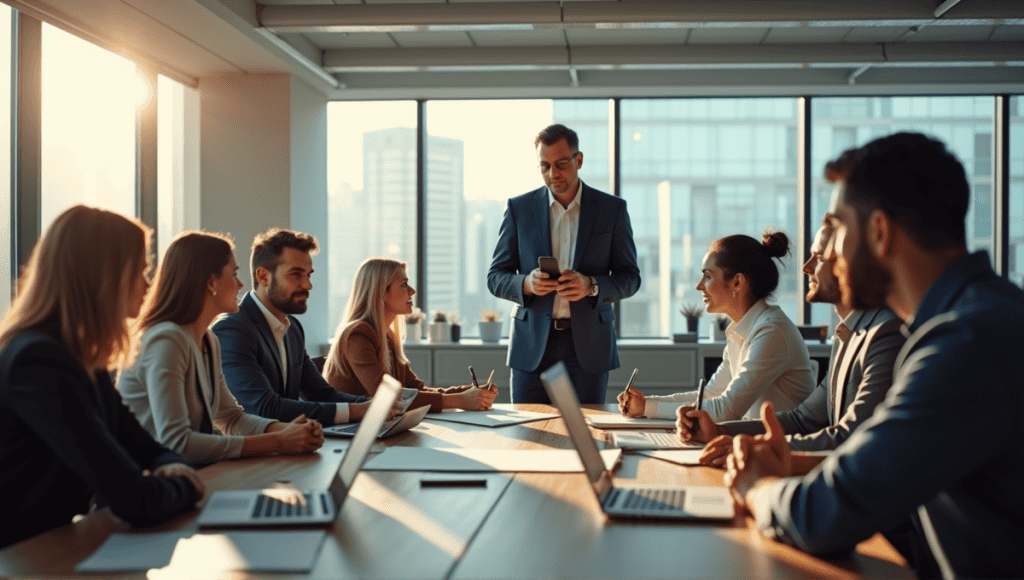 Two leaders in a modern office: Scrum Master with team, Project Manager overseeing larger group.