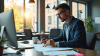 Product owner in smart casual attire reviewing documents at a modern office desk.