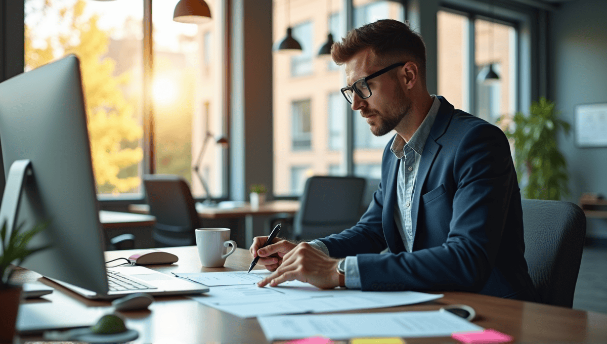 Product owner in smart casual attire reviewing documents at a modern office desk.