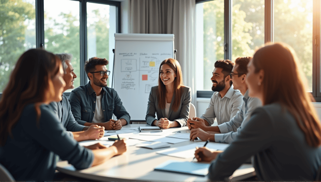 Group of professionals collaborating in a modern conference room during a team meeting.