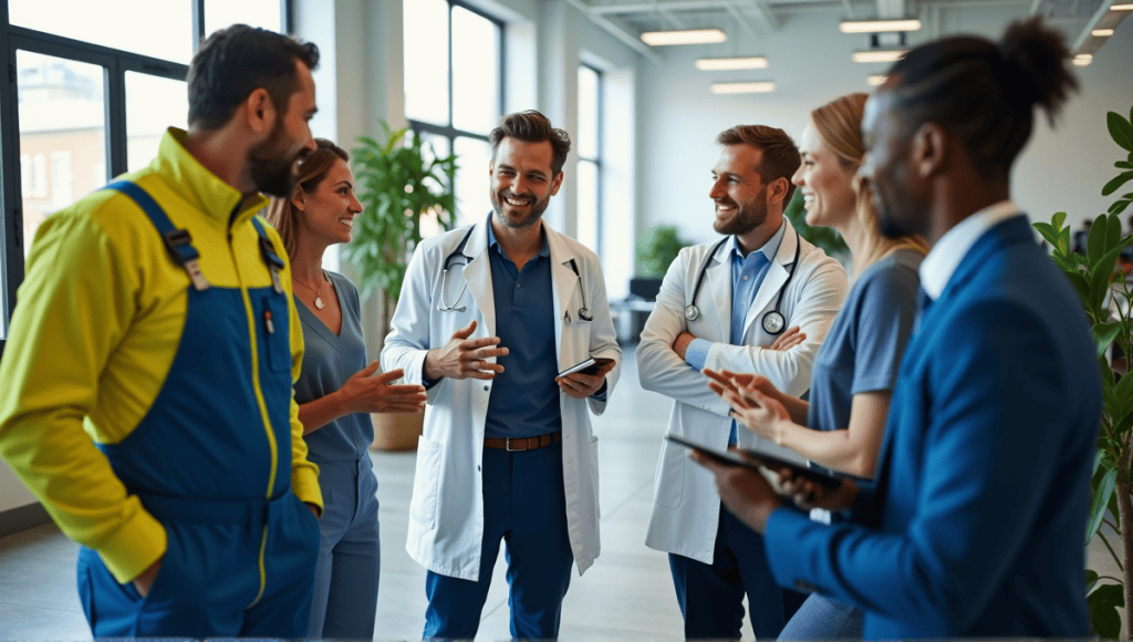 Group of professionals discussing ideas in a modern workspace with industry-specific attire.