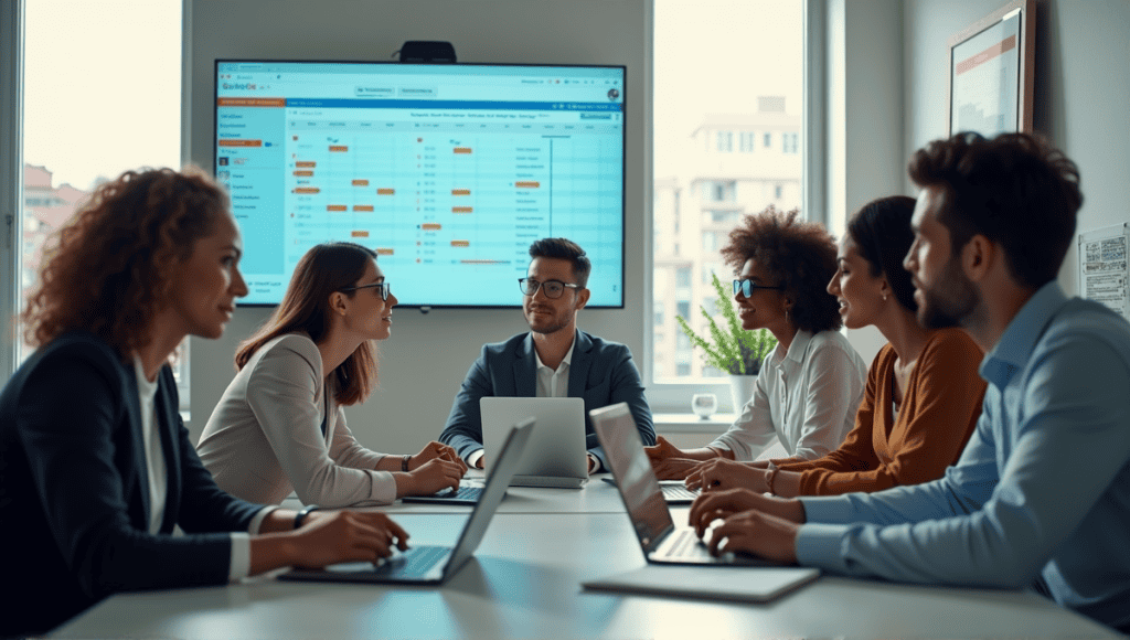 A collaborative team of professionals engaging in a meeting with modern technology in an office.