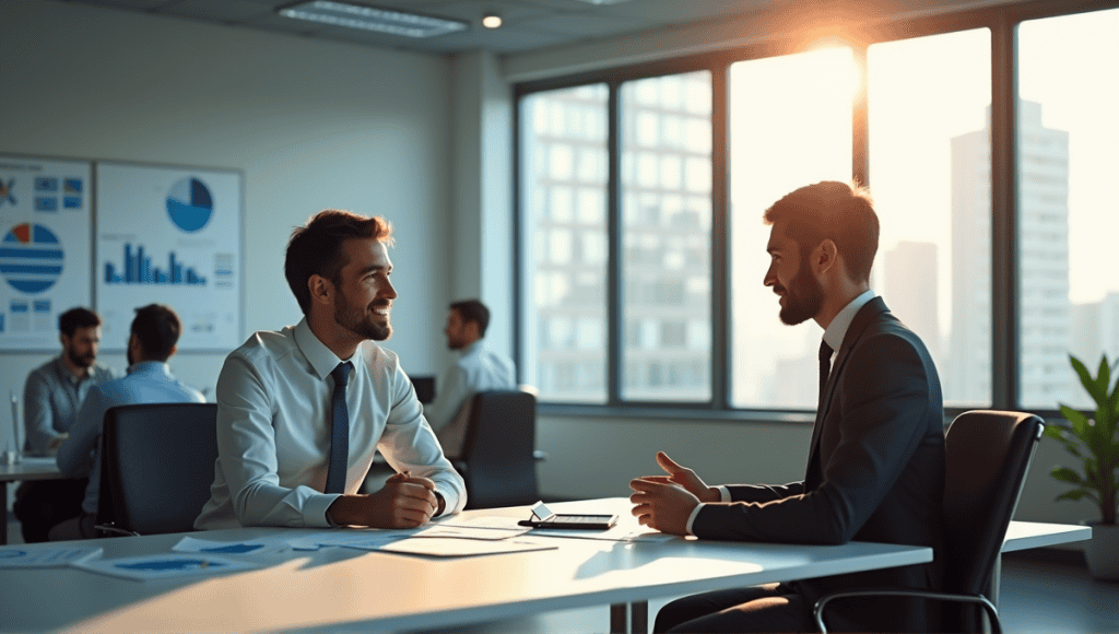 Two professionals discussing quality management in a modern office, surrounded by relevant documents and charts.