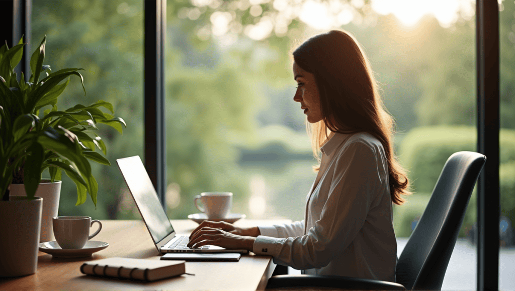 Serene workspace with a person in smart-casual attire, laptop, plant, and coffee cup.