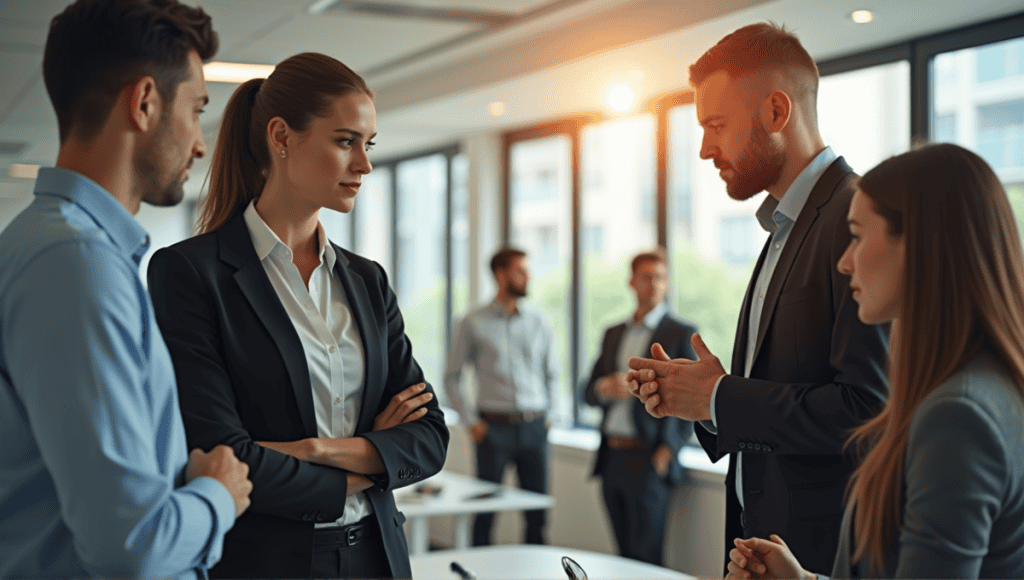 Professionals collaborating in a modern office, engaging in discussions and brainstorming sessions.