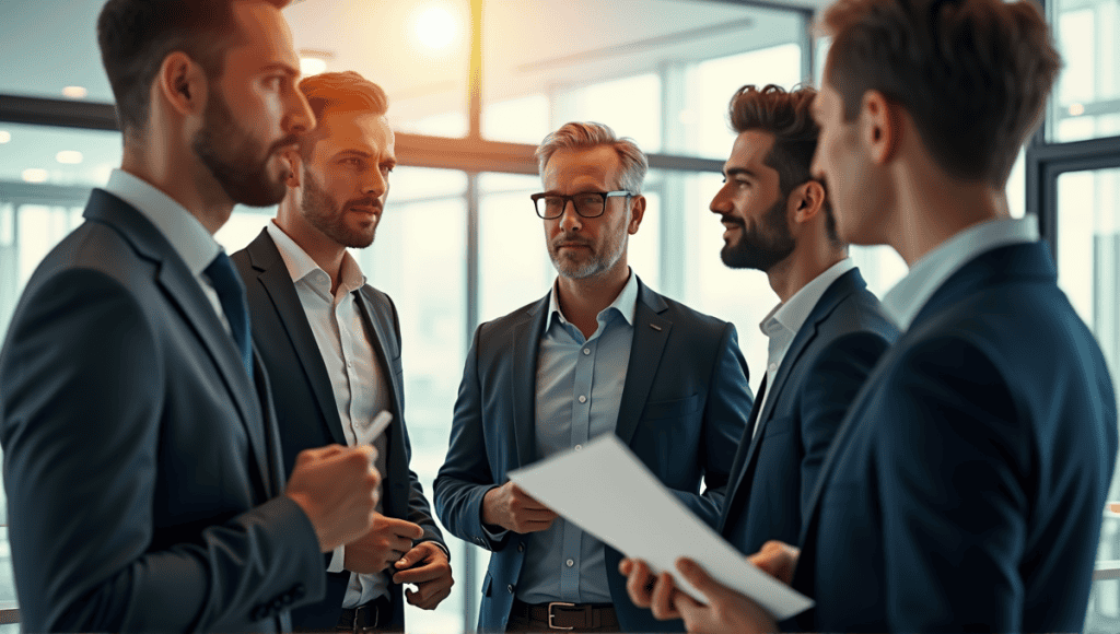 Group of professionals in business attire discussing process excellence in a modern office.