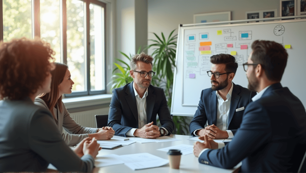 Group of professionals in business attire collaborating in an open office space.