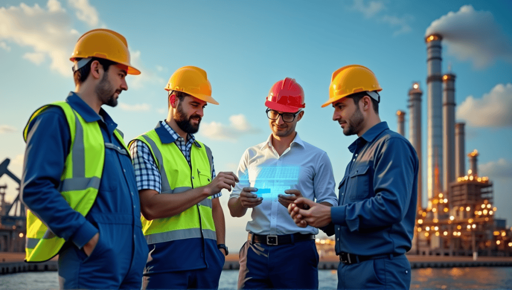 Professionals analyzing risk-based maintenance data near an oil rig, manufacturing facility, and power plant.