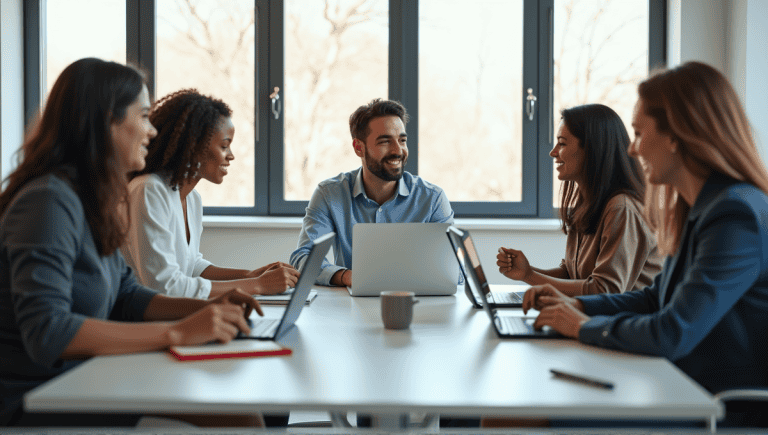 Diverse professionals engaged in an agile meeting around a modern conference table.