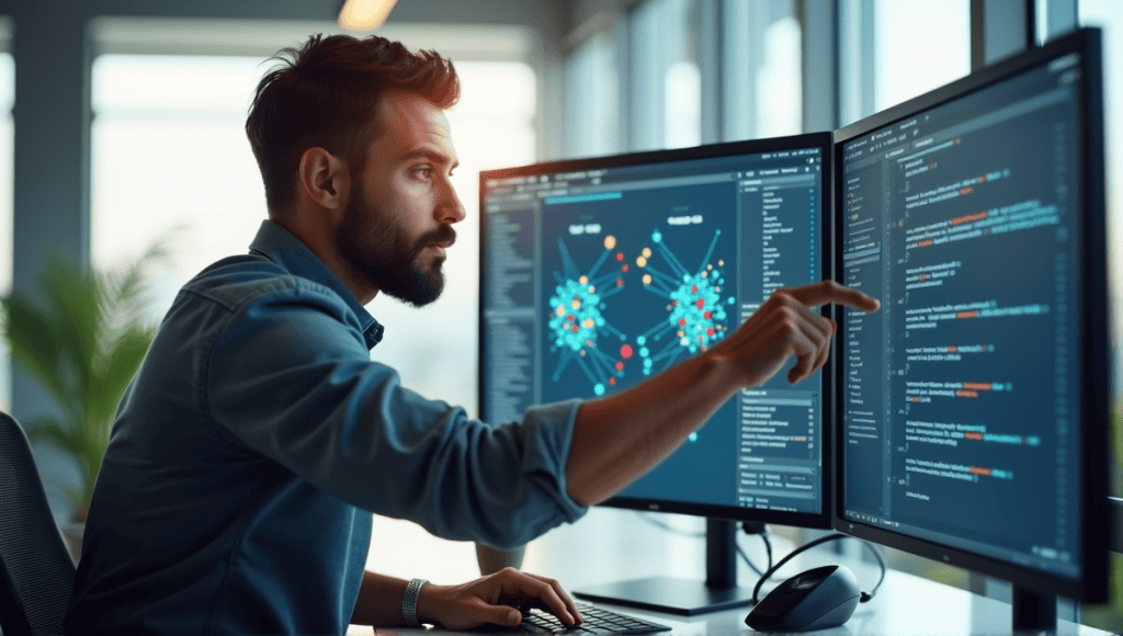 Data analyst evaluating model performance with visualizations of regression and classification models.