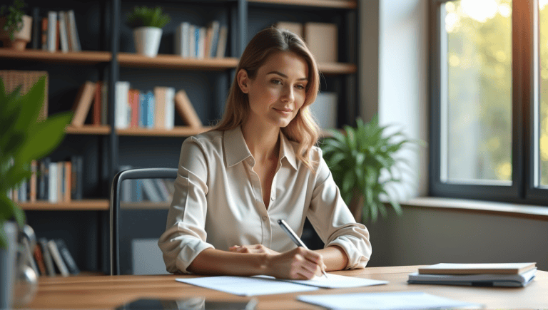 Professional woman writing a project proposal at a modern desk in a well-lit office.