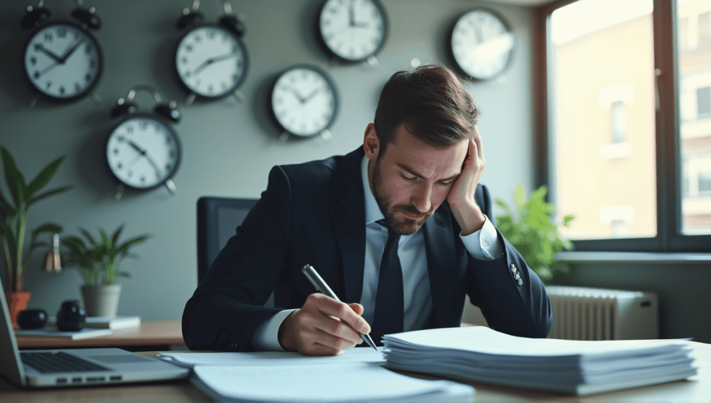 Person in business attire contemplating documents, surrounded by clocks in a modern office.