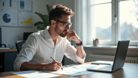 Person in white shirt and glasses contemplating decision-making tools at modern wooden desk.