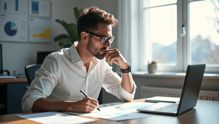 Person in white shirt and glasses contemplating decision-making tools at modern wooden desk.