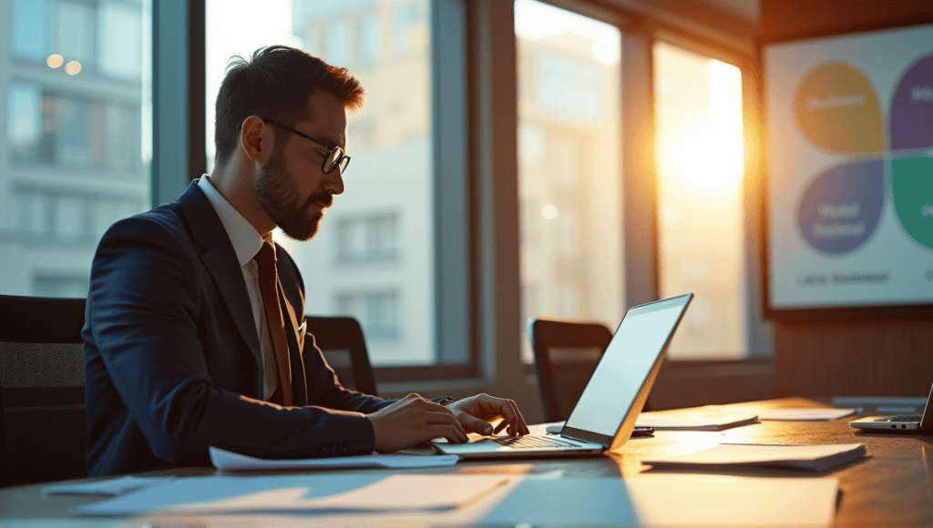 Business professional analyzing decision-making frameworks at a modern conference table.