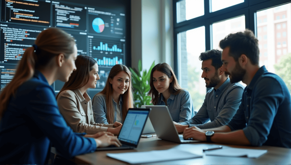 professionals collaborating on data science and computer science in a modern workspace.