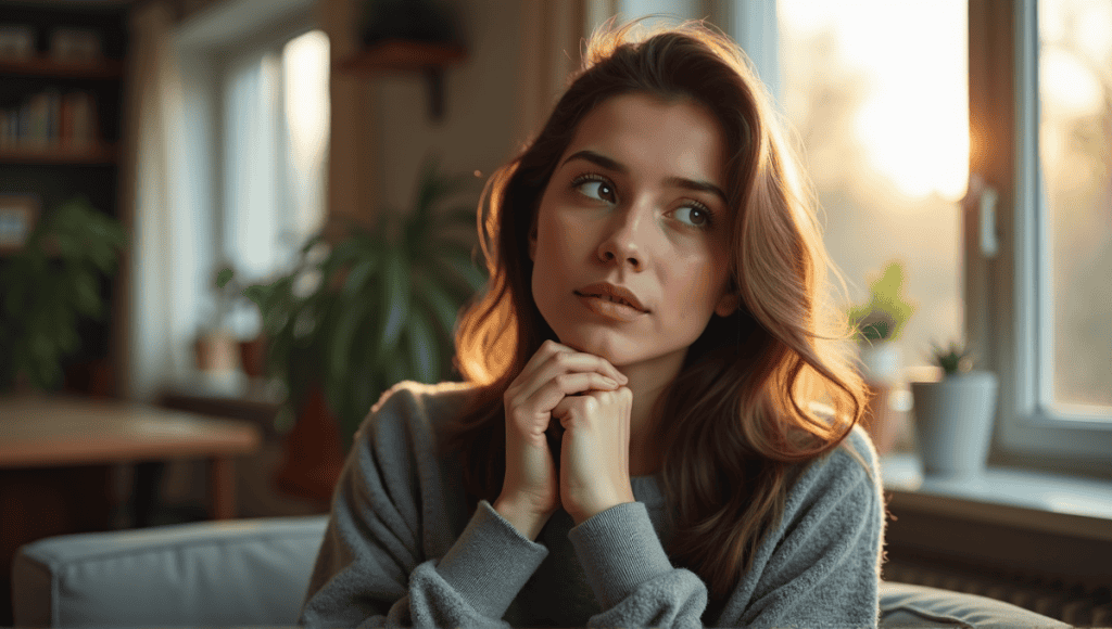 Thoughtful individual in a gray sweater reflecting deeply in a serene home setting.