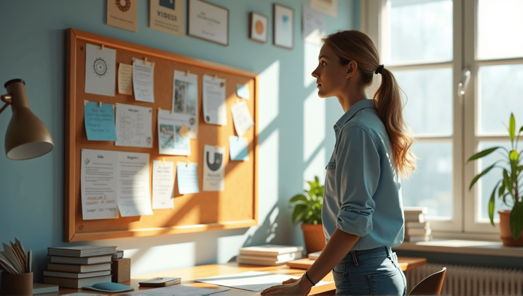 Individual in casual attire focusing on a vision board of short-term goals.