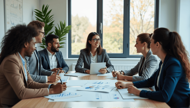 Group of professionals in business casual attire collaborating during a project management meeting.