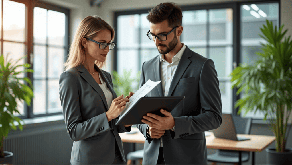 Two professionals discussing career paths in a modern office with greenery and natural light.