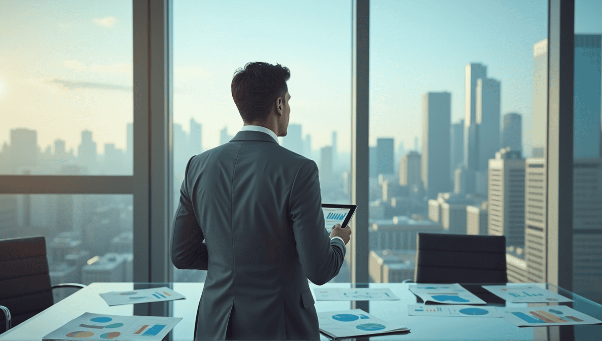 Thoughtful business professional in gray suit holding a tablet, gazing at city skyline.