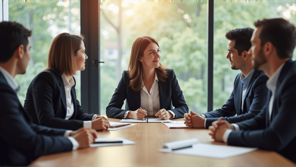 Business professionals discussing corporate governance around a conference table in a modern office.