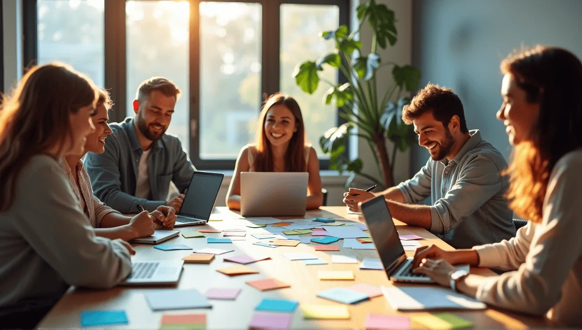 Group of individuals engaged in a brainstorming session around a table with sticky notes.